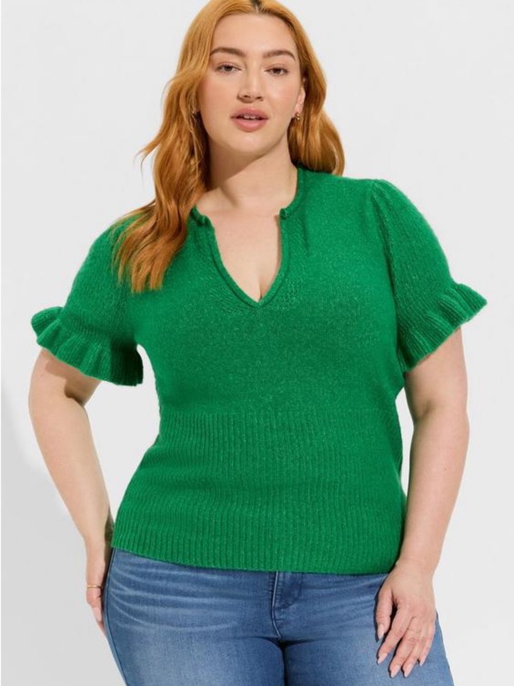 Torrid Vegan Cashmere Vneck Ruffle Elbow Sleeve Pullover Sweater in Bright Green